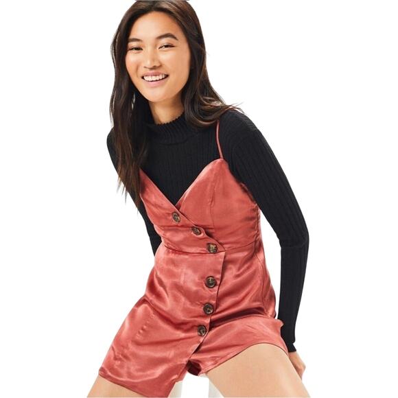Pacsun LA Hearts copper satin asymmetrical button wrap romper coral jumpsuit XS - Picture 1 of 13